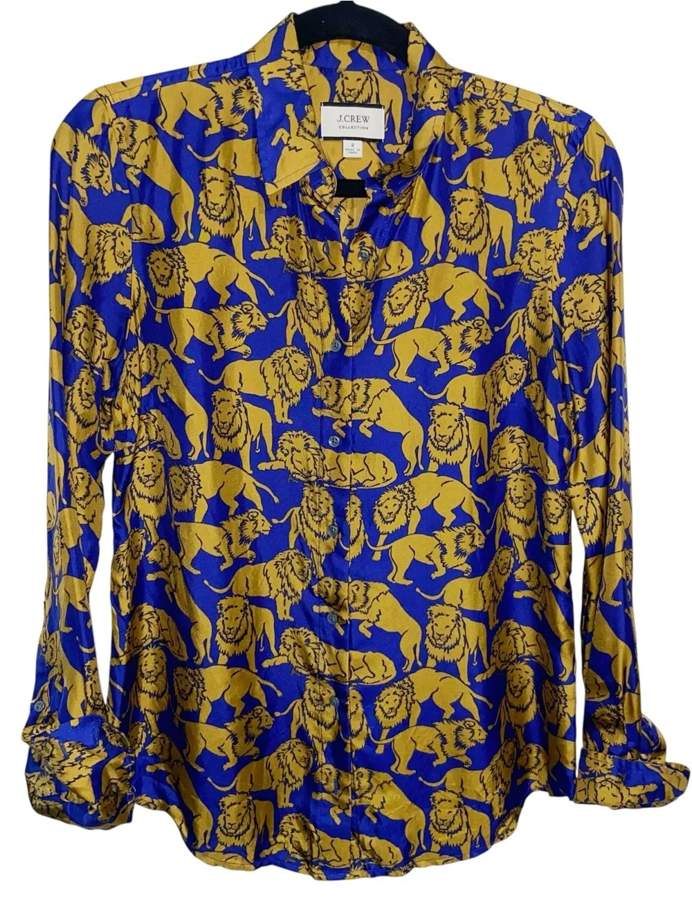 J. Crew Top Womens Size 2 Blouse 100% Silk Twill Sleepy Lions Shirt Preppy Blue